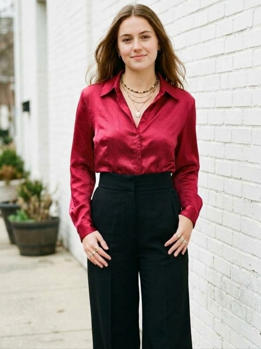 Vintage Y2K Red Satin Button Down Shirt Top Glossy Shiny Medium
